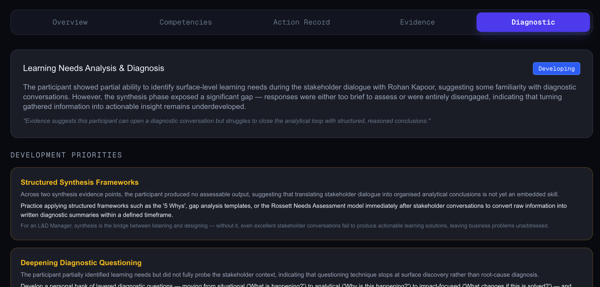 Real PRISM Diagnostic tab — development priorities and recommended frameworks